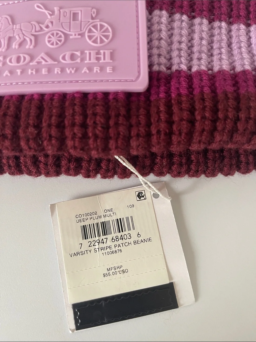 Coach Striped Rib-Knit Beanie in Berry and Mauve